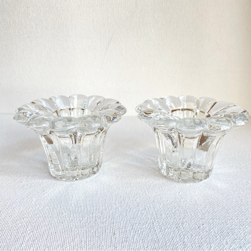 Clear glass flower shaped candle holders pair for tapers by KIG Indonesia